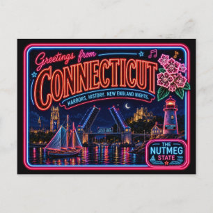 Cartão Postal Connecticut Neon Estado Retro Vintage