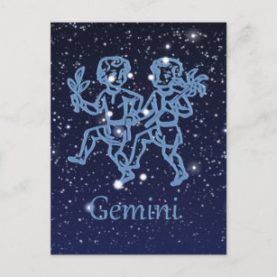 Cartão Postal Constelação Gemini e Sinal Zodíaco com Estrelas