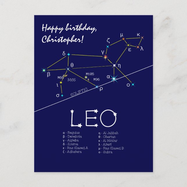 Cartão Postal Constelação Zodiac Leo (Frente)