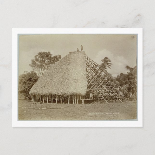 Cartão Postal Construção de Casa em Samoa, c.1875 (foto sépia) (Frente)