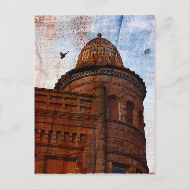 Cartão Postal construção em Fort Madison com fundo de ferrugem (Frente)