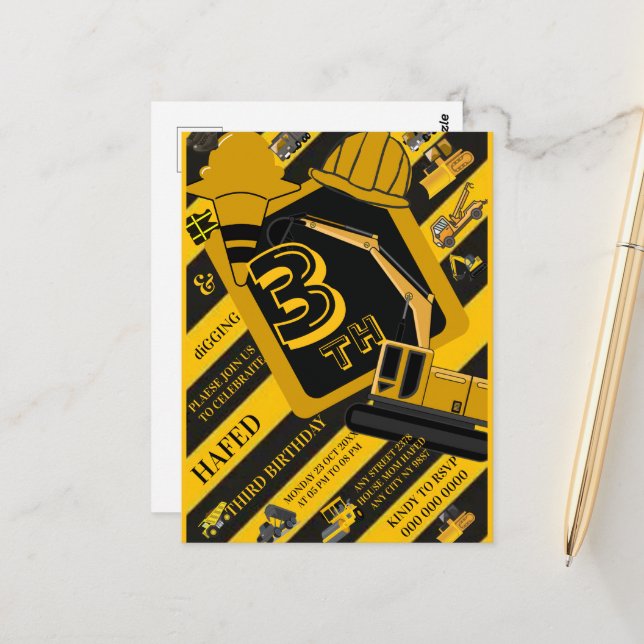 Cartão Postal Construção personalizada para aniversários infanti (Frente/Verso In Situ)