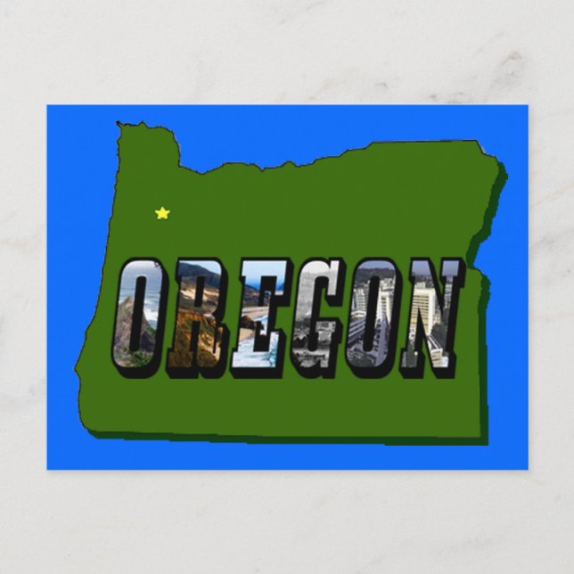 Cartão Postal Contorno do Mapa do Oregon e Texto de Imagem (Frente)