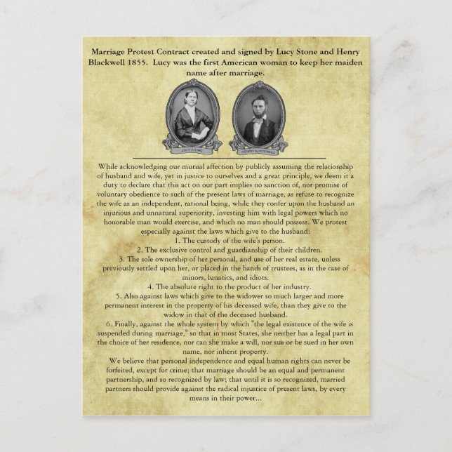 Cartão Postal Contrato de Casamento de Lucy Stone Henry Blackwel (Frente)
