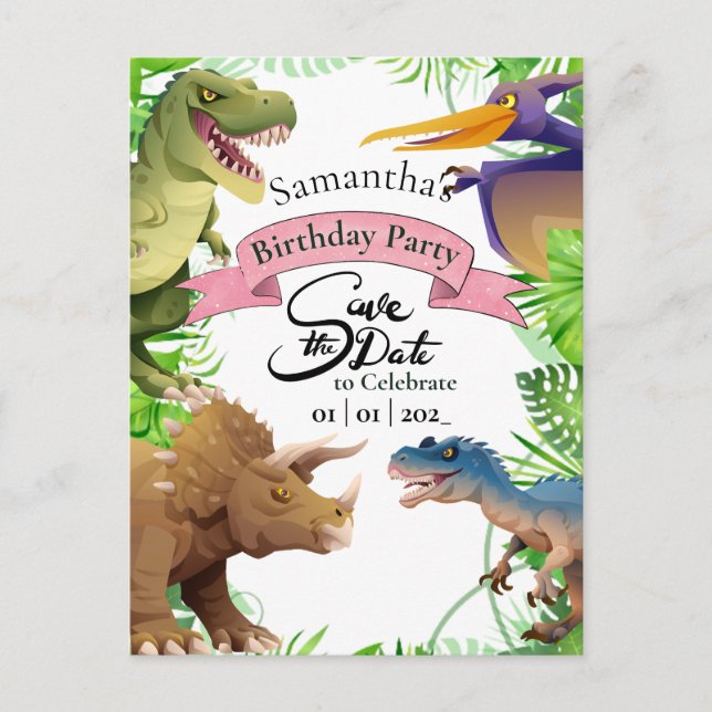 Cartão Postal Convidado de Aniversário para Dinossauros Adorávei (Frente)