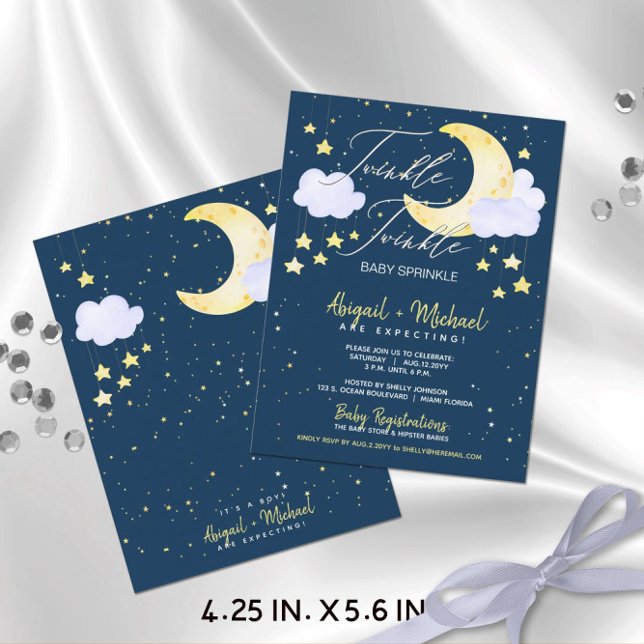 Cartão Postal Convidado para Chá de Bebê do Twinkle Budget (Budget-Friendly "Twinkle Twinkle Baby Sprinkle" Baby Boy Baby Shower Invitation (4.25 x 5.6 in.))