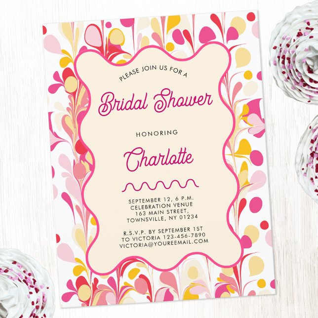 Cartão Postal Convidar Chá de panela Rosa Abstrato Moderno (Modern abstract groovy abstract wavy personalized bridal shower invitation postcard)