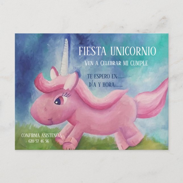 CARTÃO POSTAL CONVITACIÓN DE CUMPLEAÑOS - FIESTA UNICORNIO (Frente)
