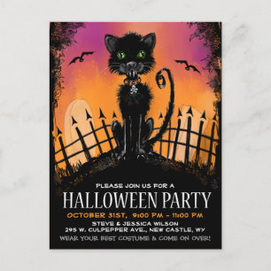 Cartão-postal Convite - Gato de Halloween Negro em