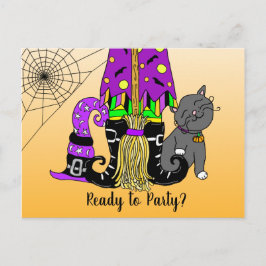 Cartão Postal Convocação de Halloween para bruxas, gatos e teias