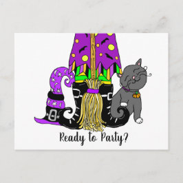 Cartão Postal Convocação de Halloween para bruxas, gatos e teias