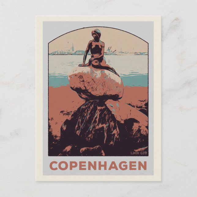 Cartão Postal Copenhague Dinamarca, estátua da Pequena Sereia (Frente)