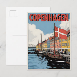 Cartão Postal Copenhague vintage Dinamarca casas coloridas prese