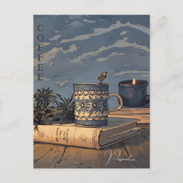 Cartão Postal Copo de Café Livro Antigo Candle Céu Azul Nuvens