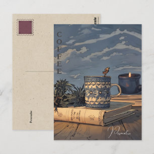 Cartão Postal Copo de Café Vintage Livro Vela Céu Azul Nuvens