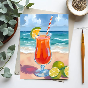 Cartão Postal Coquetel de Praia Pintura em Aquarela Ondas do O