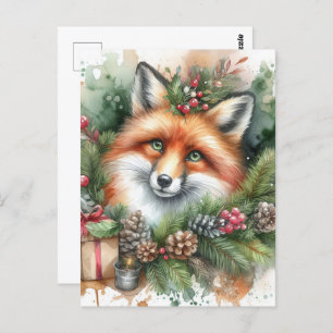 Cartão Postal Cor d'água Adorável Fox Vermelha de Natal