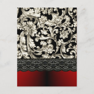 Cartão Postal Cor damasco floral preto e vermelho