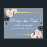 Cartão Postal Cor-De-Água Cor Rosa Floral Azul Derrante Altera A<br><div class="desc">Blush Cor-de-Água Rosa Elegante moderno e alteração floral azul A Carteira de Adiamento de Casamento de Data apresenta rosas cor-de-rosa,  flores azuis,  verde-verde e uma estrutura dourada. Azul Dusty.</div>