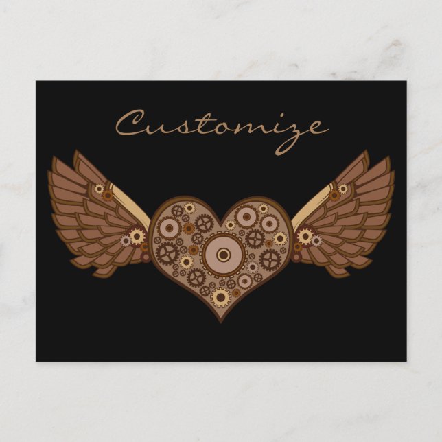 Cartão Postal Coração Alado Steampunk com Engrenagens Thunder_Co (Frente)