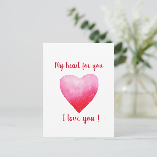 Cartão Postal Coração de aquarela vermelha eu amo você minimalis (Em pé/Frente)