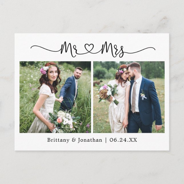 Cartão Postal Coração de Caligrafia Casamento 2 Foto Obrigado (Frente)