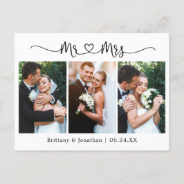 Cartão Postal Coração de Caligrafia Casamento 3 Foto Obrigado