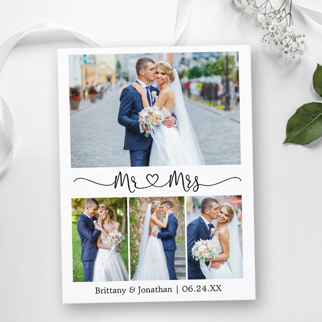 Cartão Postal Coração de Caligrafia Casamento 4 Foto Obrigado (Customize to change your personalized text size or text style.)