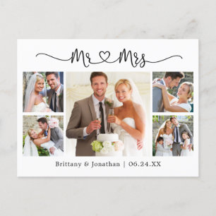 Cartão Postal Coração de Caligrafia Casamento 5 Foto Obrigado