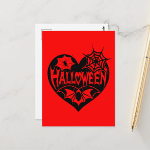 Cartão Postal Coração de Halloween, Coração Preto em Forma, Teia