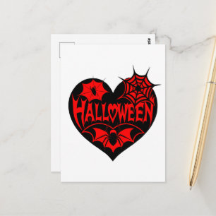 Cartão Postal Coração de Halloween, Coração Preto em Forma, Teia