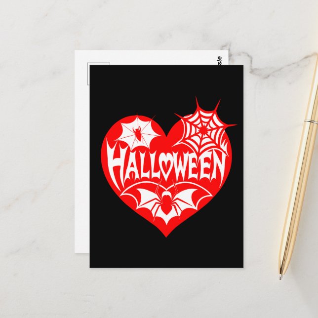 Cartão Postal Coração de Halloween, Coração Vermelho, Teia de Ar (Frente/Verso In Situ)