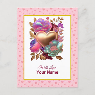 Cartão Postal Coração Dourado e Floral Romântico