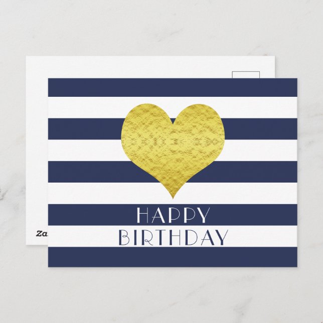 Cartão Postal Coração Dourado Fofo Azul e Branco Feliz Aniversár (Frente/Verso)