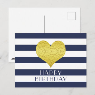 Cartão Postal Coração Dourado Fofo Azul e Branco Feliz Aniversár