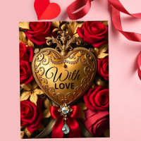Coração Dourado Luxuoso com Rosas Vermelhas e Fita