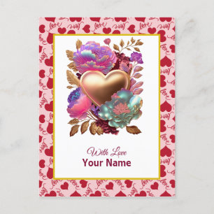 Cartão Postal Coração Floral Romântico e Dourado