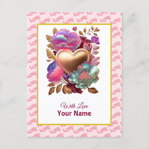 Cartão Postal Coração Floral Romântico e Dourado