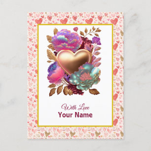 Cartão Postal Coração Floral Romântico e Dourado