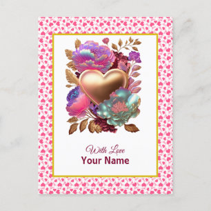 Cartão Postal Coração Floral Romântico e Dourado