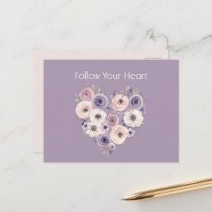 Cartão Postal Coração Floral Rosa Roxo Branco