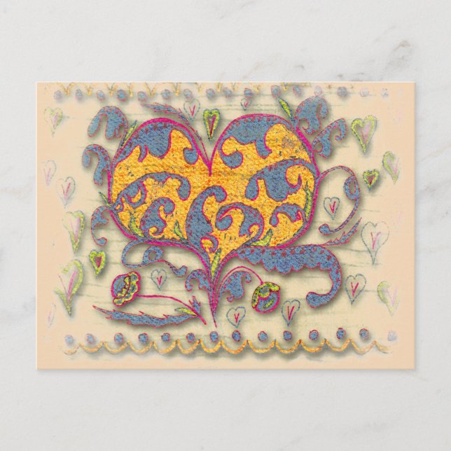 Cartão Postal Coração Folk Art com folhas e flores (Frente)