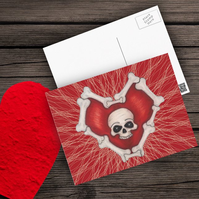 Cartão Postal Coração Gótico Vermelho com Caveira Branca em Linh (Gothic red heart outlined in white bones with skull on red with spidery lines on postcard.)