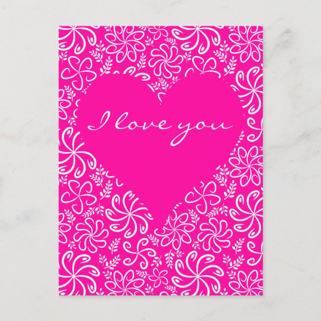 Cartão Postal Coração Rosa com Flores Cartão-Postal (Frente)