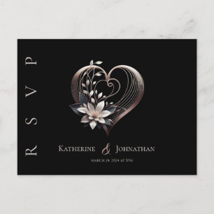Cartão Postal Coração Rosa Moderno com Flores-RSVP-Casamento-