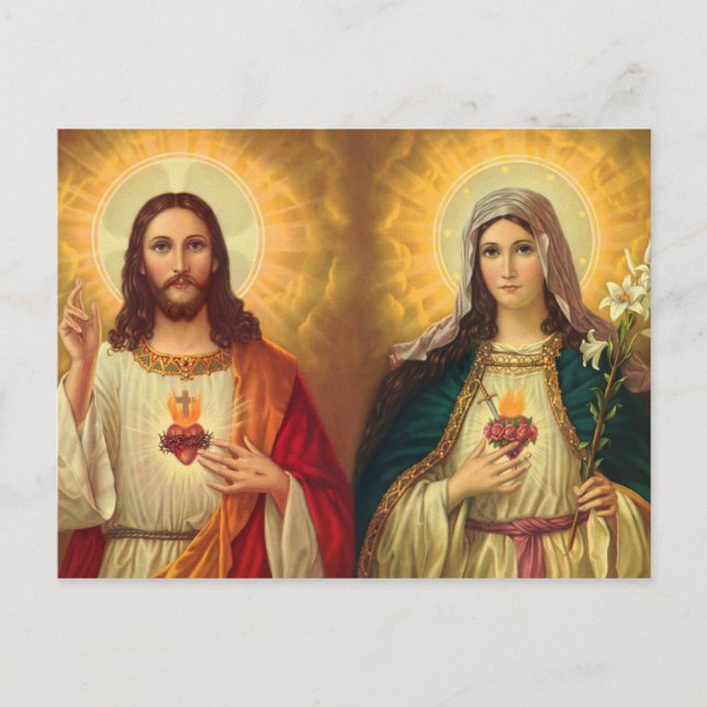 Cartão Postal Coração Sagrado de Jesus e Virgem Maria (Frente)