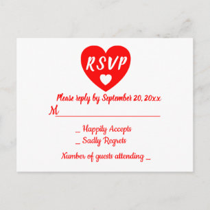 Cartão Postal Coração Vermelho e Branco RSVP Festa de Casamento