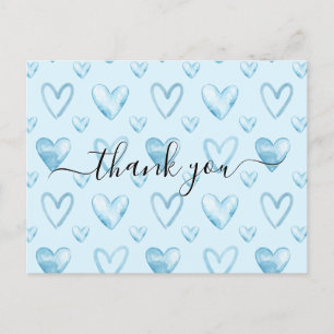 Cartão Postal Corações Aquarela Azul Bebê Chá de Bebê Obrigado
