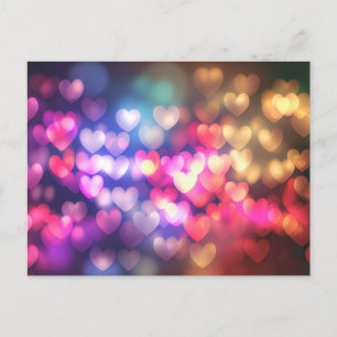 Cartão Postal Corações Bokeh Rosa Dourado Vermelho