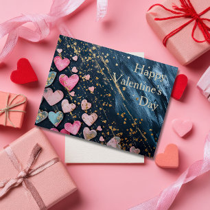 Cartão Postal Corações cor-de-rosa e ouro em Dia de os namorados